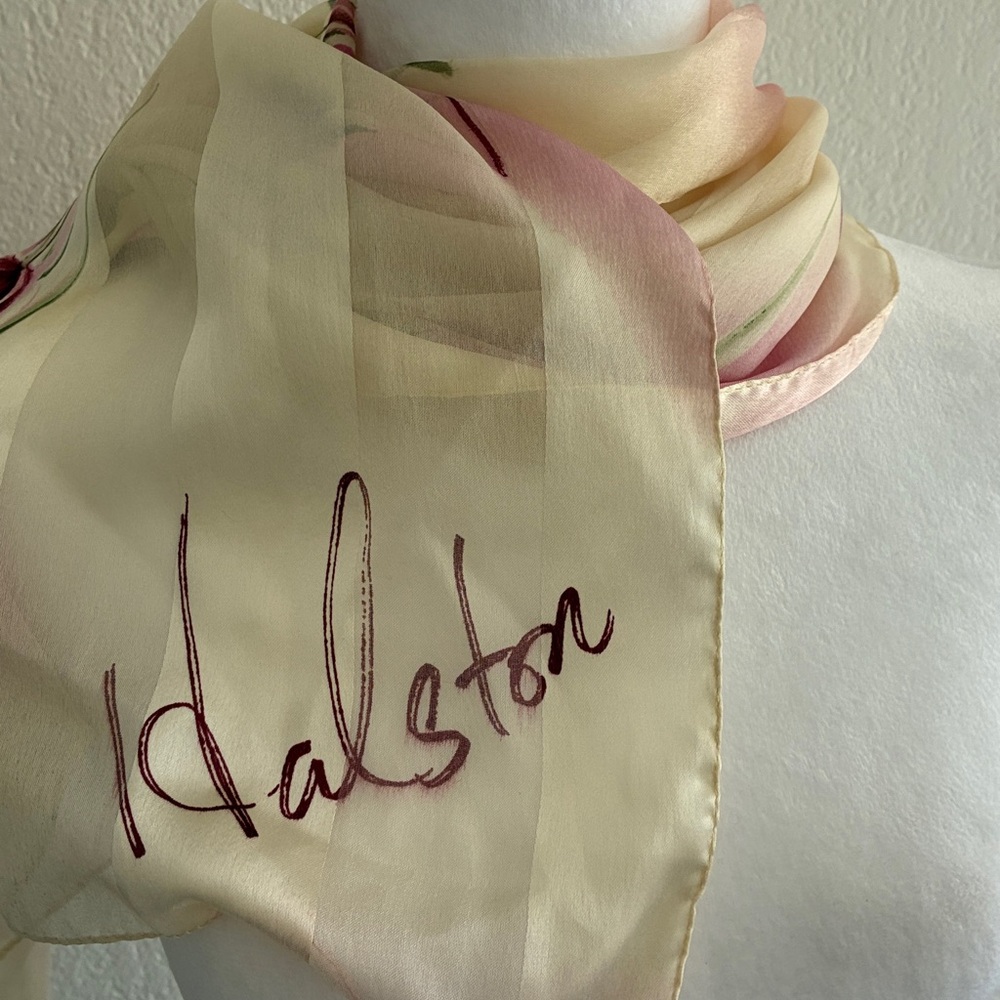 Halston Heritage Sheer Cream Polyester Scarf with Pink Floral Print